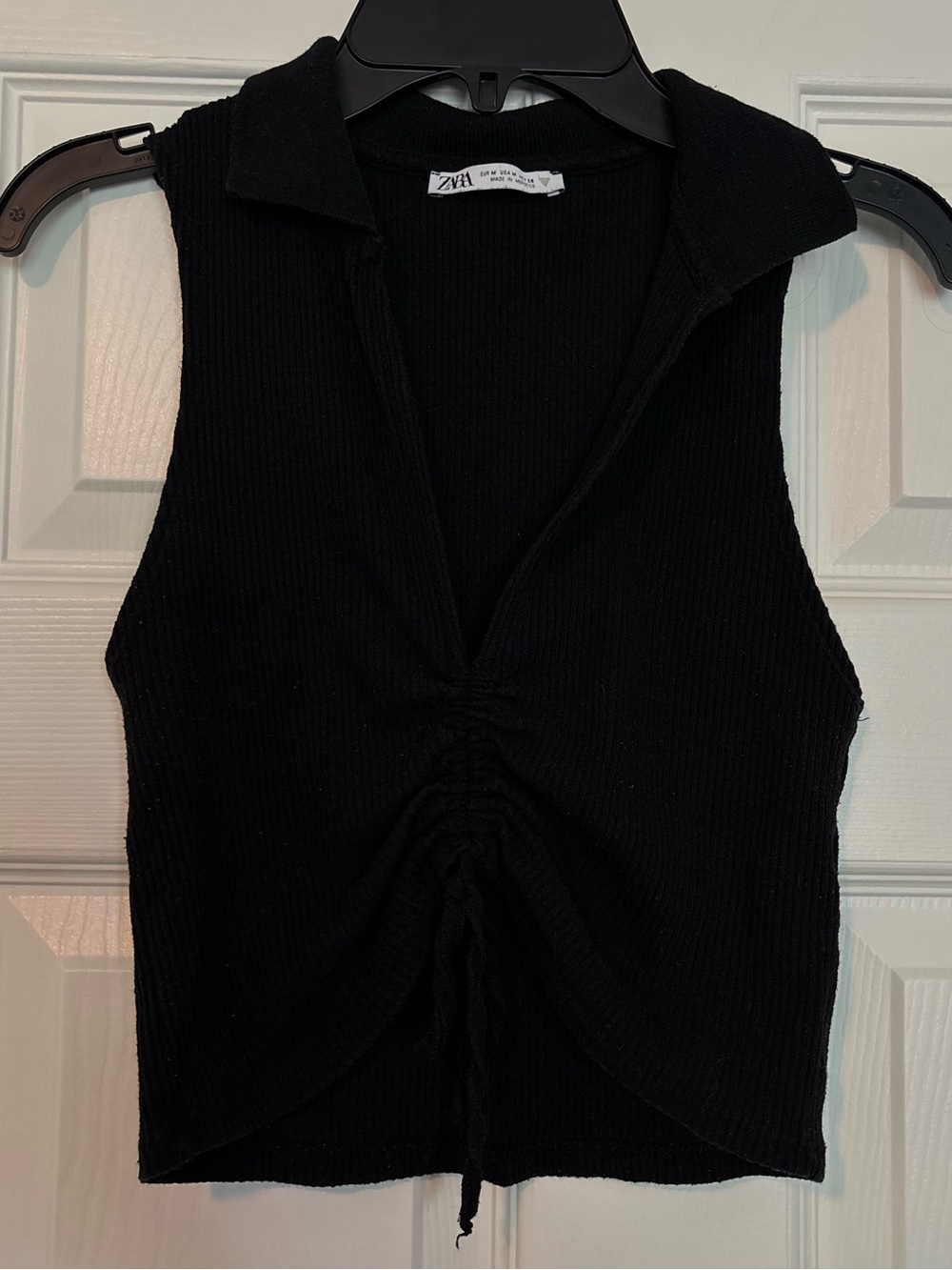 Zara Black Collared Ruched Drawstring Tank Top